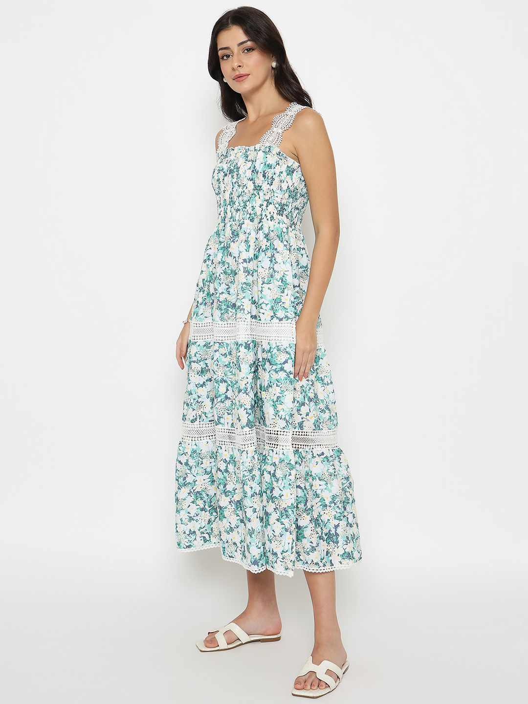 Madame Laced Floral Print White Midi Dress - Image 5