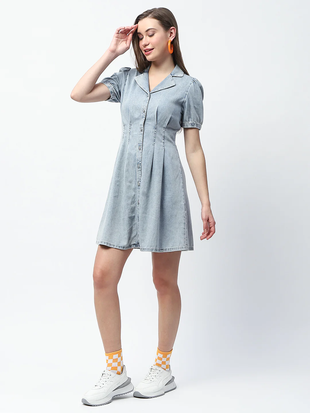 Madame Pintuck Detailed Light Blue Mini Denim Dress - Image 6
