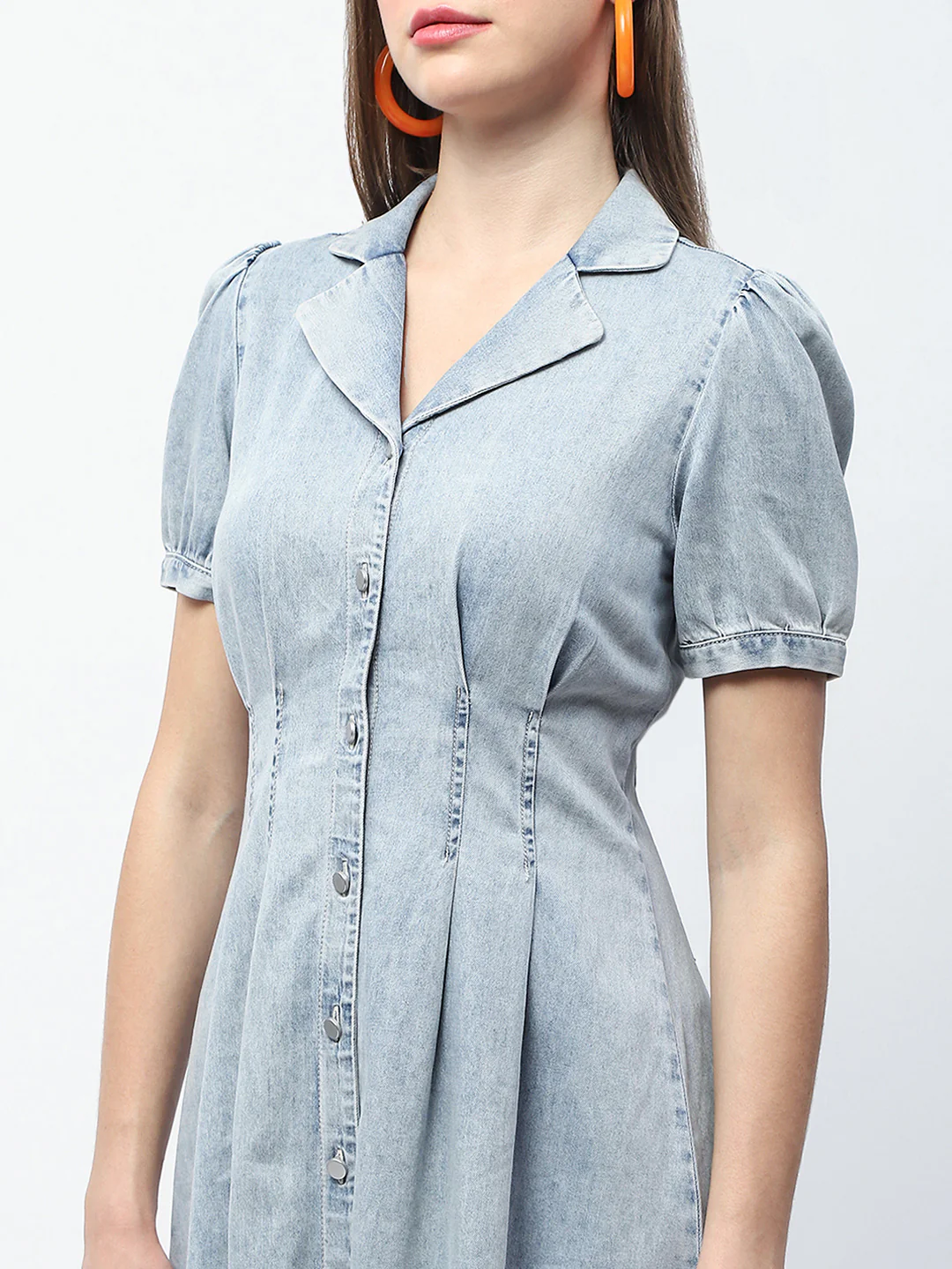 Madame Pintuck Detailed Light Blue Mini Denim Dress - Image 8