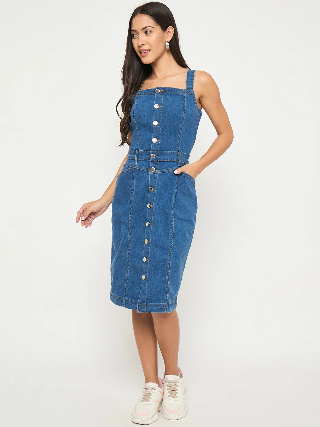 Madame Divided Buttoned Mid Blue Denim Mini Bodycon Dress - Image 3
