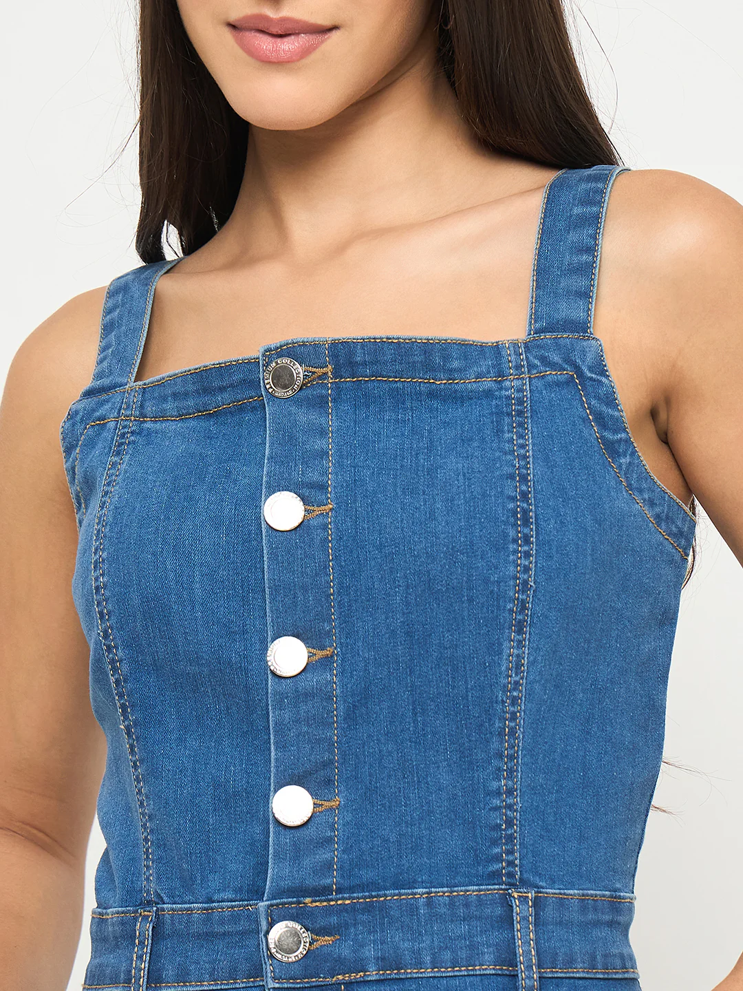 Madame Divided Buttoned Mid Blue Denim Mini Bodycon Dress - Image 7