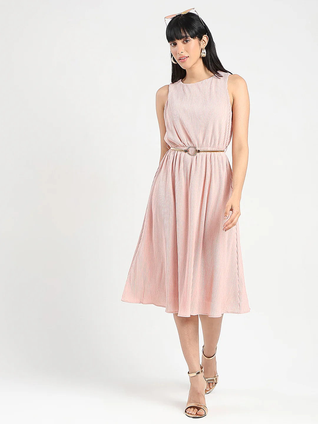 Madame Metallic Self-Design Pleated Beige Flared Maxi Dress - Image 3