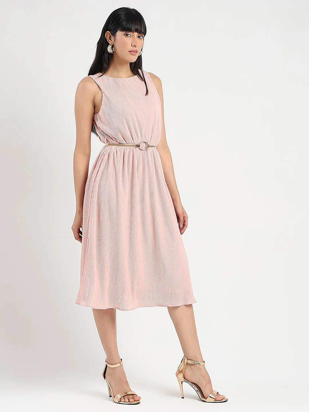 Madame Metallic Self-Design Pleated Beige Flared Maxi Dress - Image 4