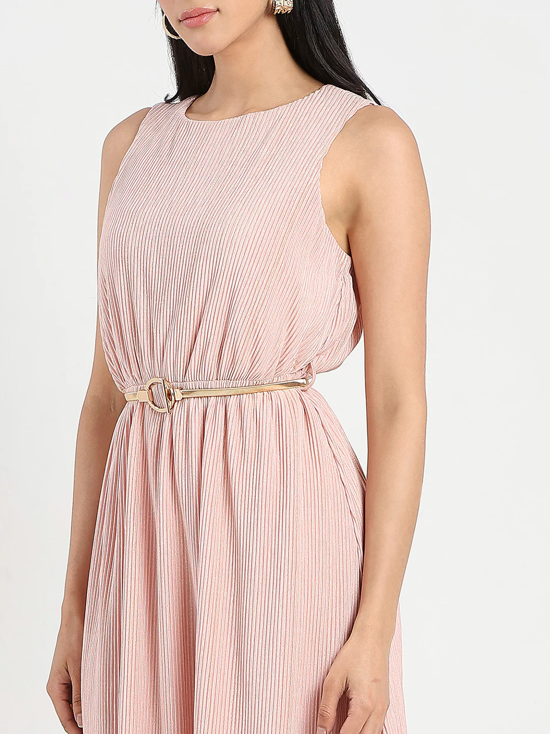 Madame Metallic Self-Design Pleated Beige Flared Maxi Dress - Image 7