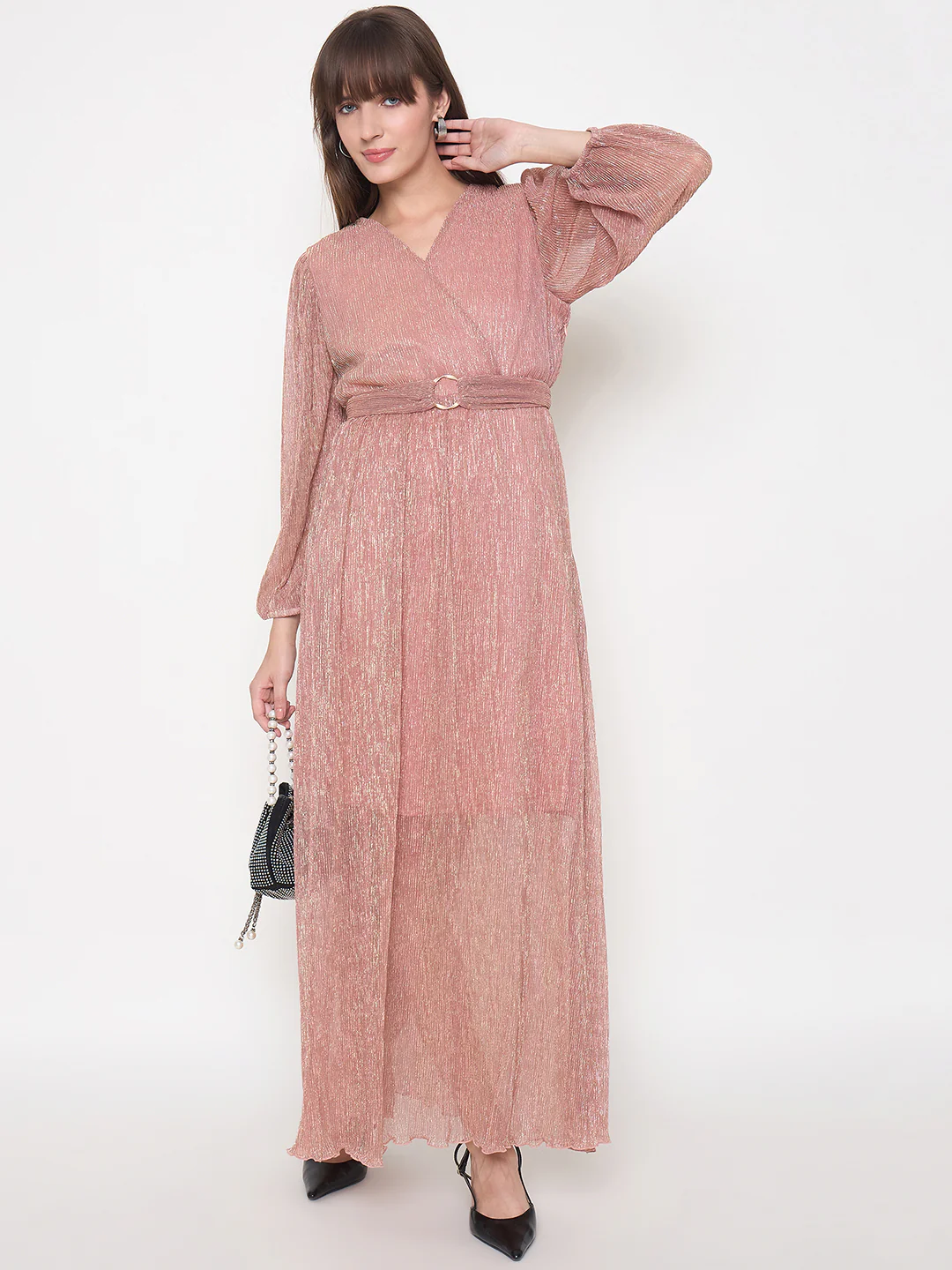 Madame Pliss Self Design Belted Rose Gold Flared Maxi Dress