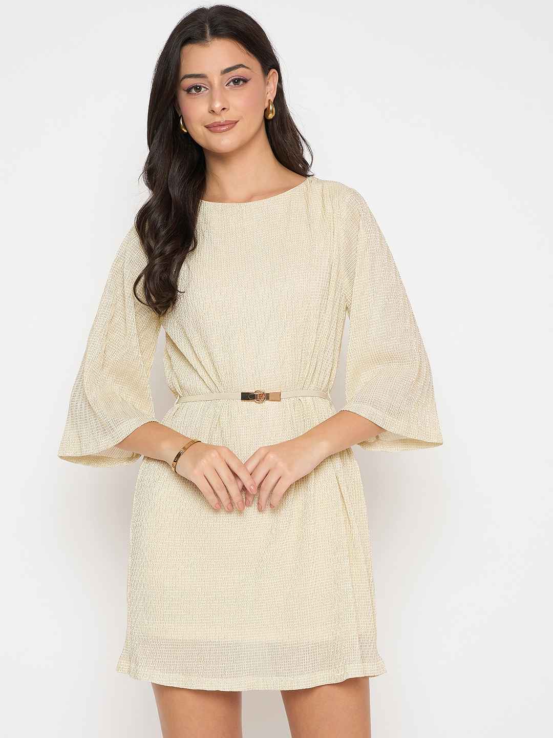 Madame Solid Midi Off White Shift Dress - Image 3