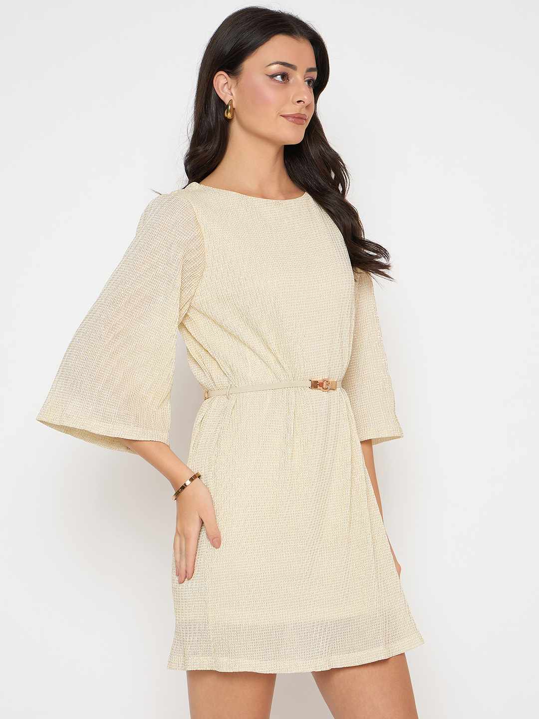 Madame Solid Midi Off White Shift Dress - Image 4