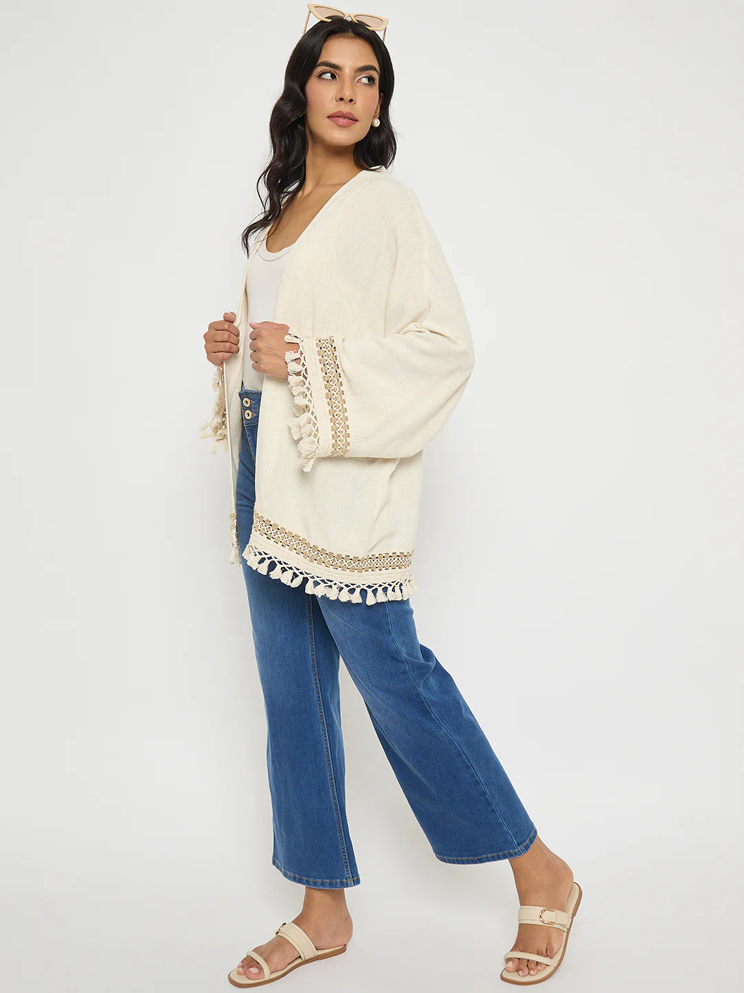 Madame Crochet Lace Trim and Tassel Detail Beige Shrug