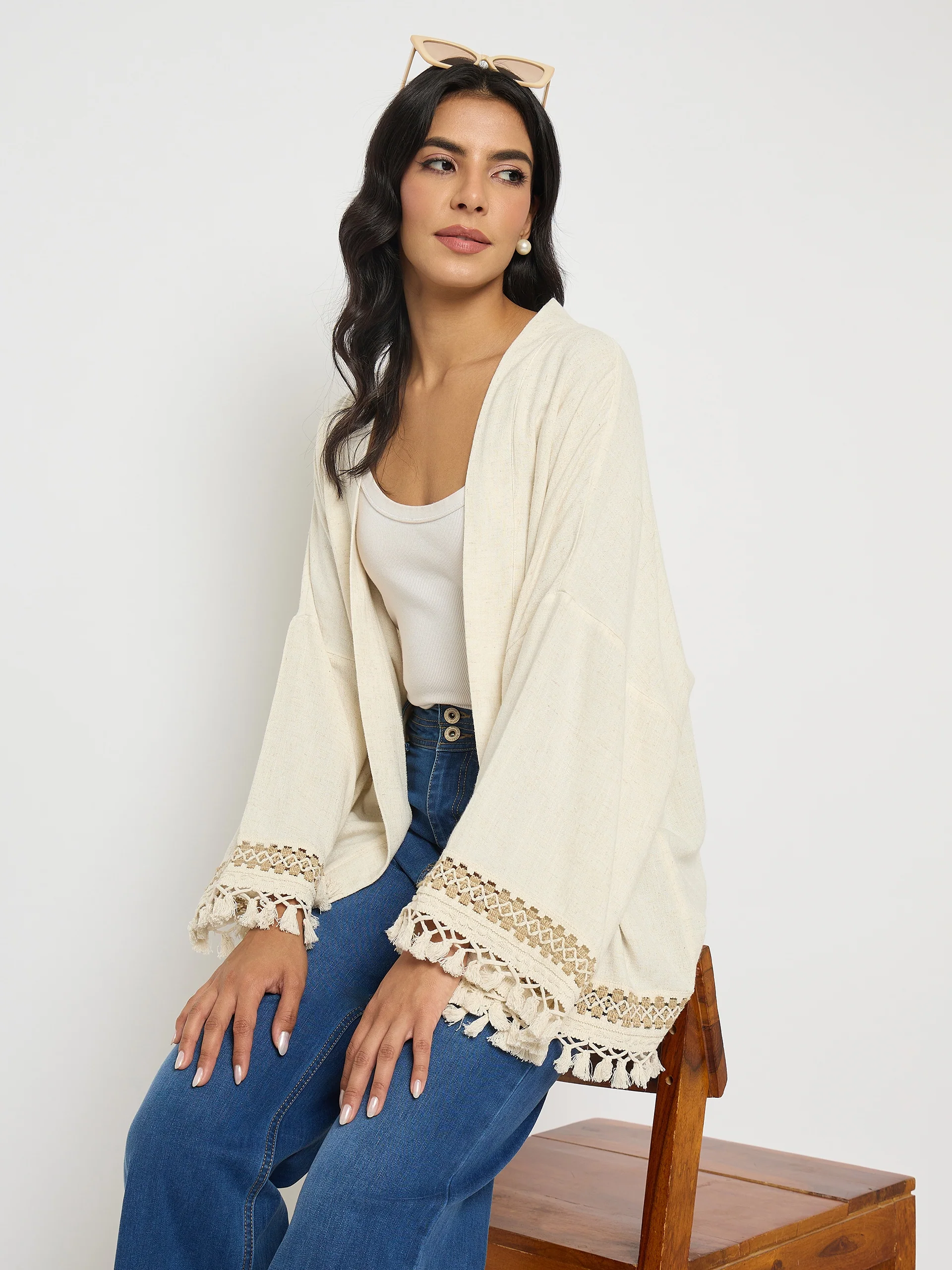 Madame Crochet Lace Trim and Tassel Detail Beige Shrug - Image 2