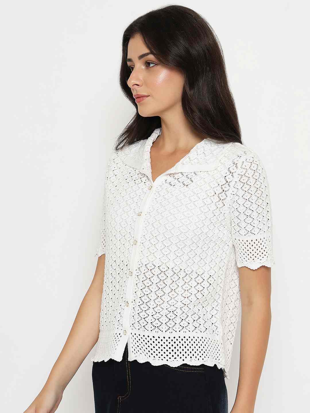 Madame Scalloped Hem White Knitted Polo Top - Image 5