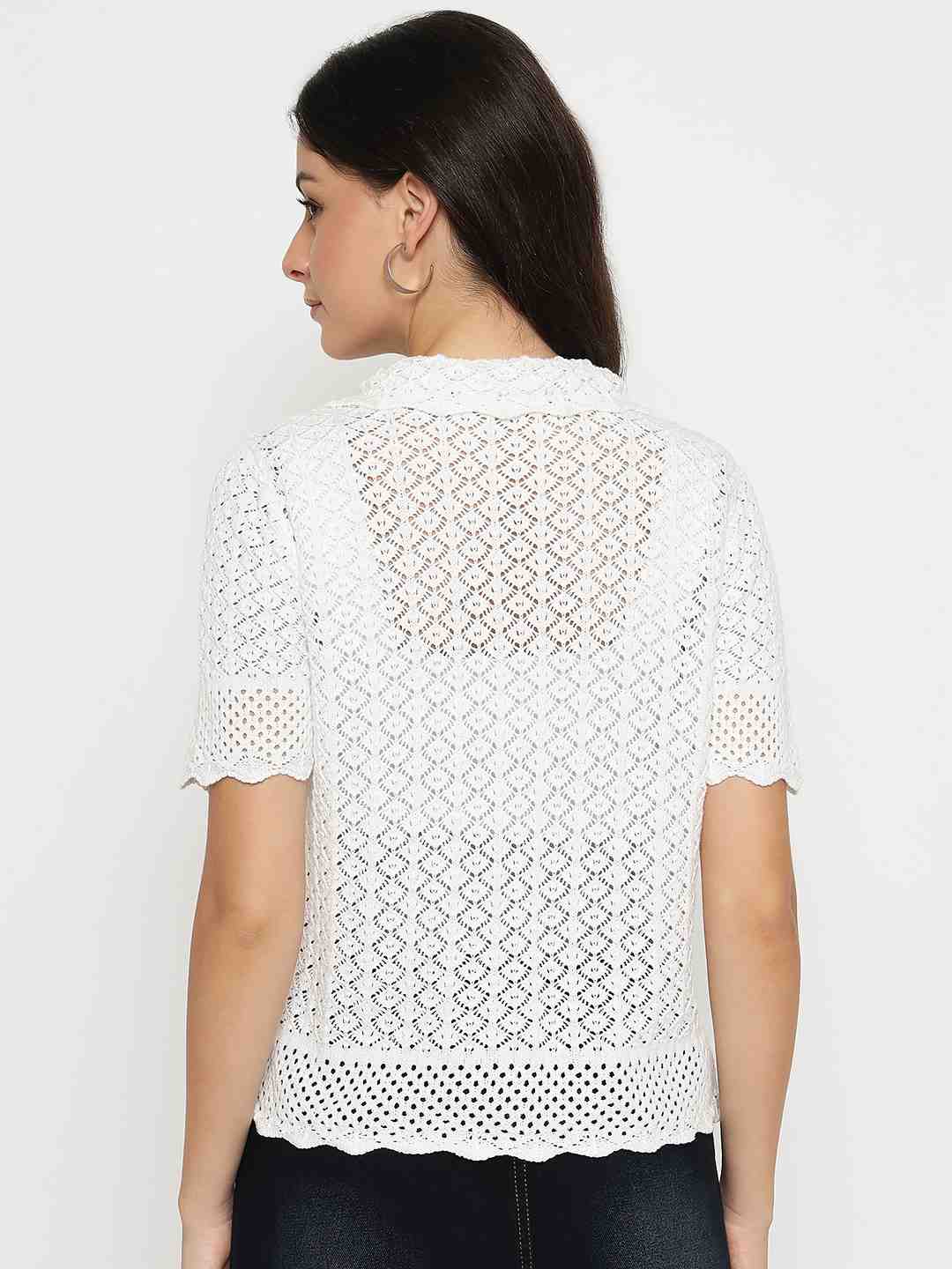 Madame Scalloped Hem White Knitted Polo Top - Image 6