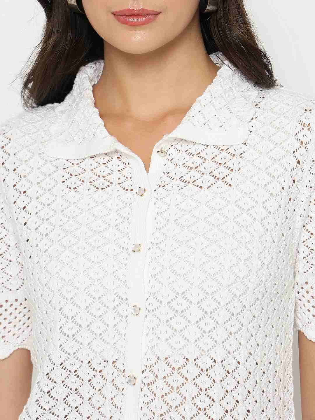 Madame Scalloped Hem White Knitted Polo Top - Image 7