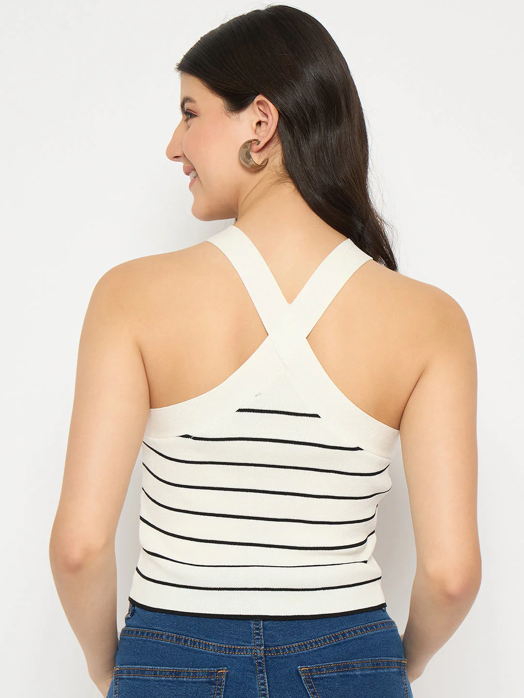 Madame Striped Halter Neck White Crop Top - Image 6