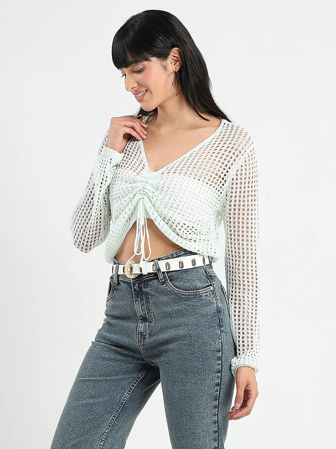 Madame Semi Sheer Drawstring Mint Green Knitted Crop Top - Image 2