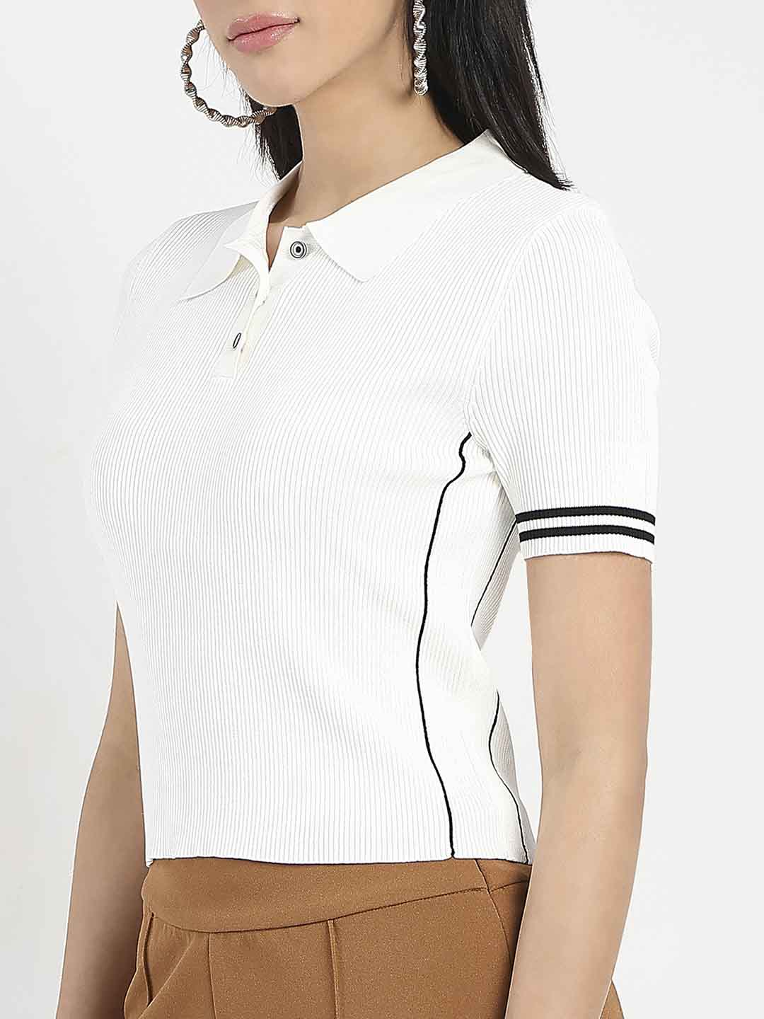 Madame Contrast Trim Polo Neck White Knitted T-shirt - Image 7