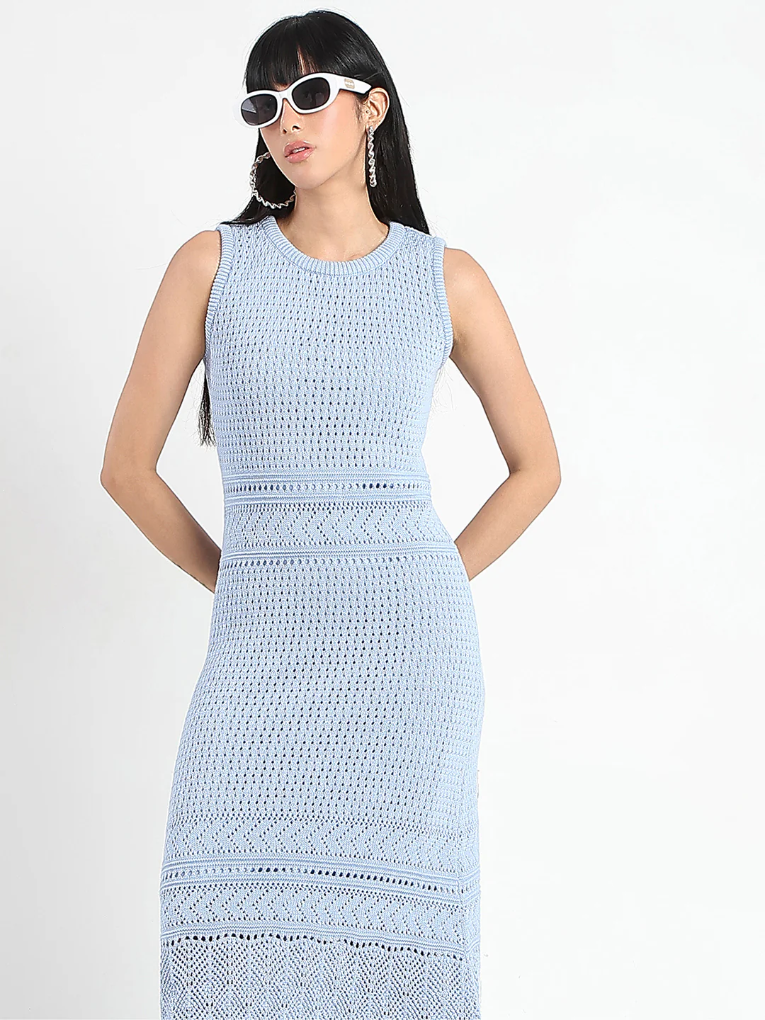 Madame Textured Panels Geometric Hem Sky Blue Maxi Dress - Image 2