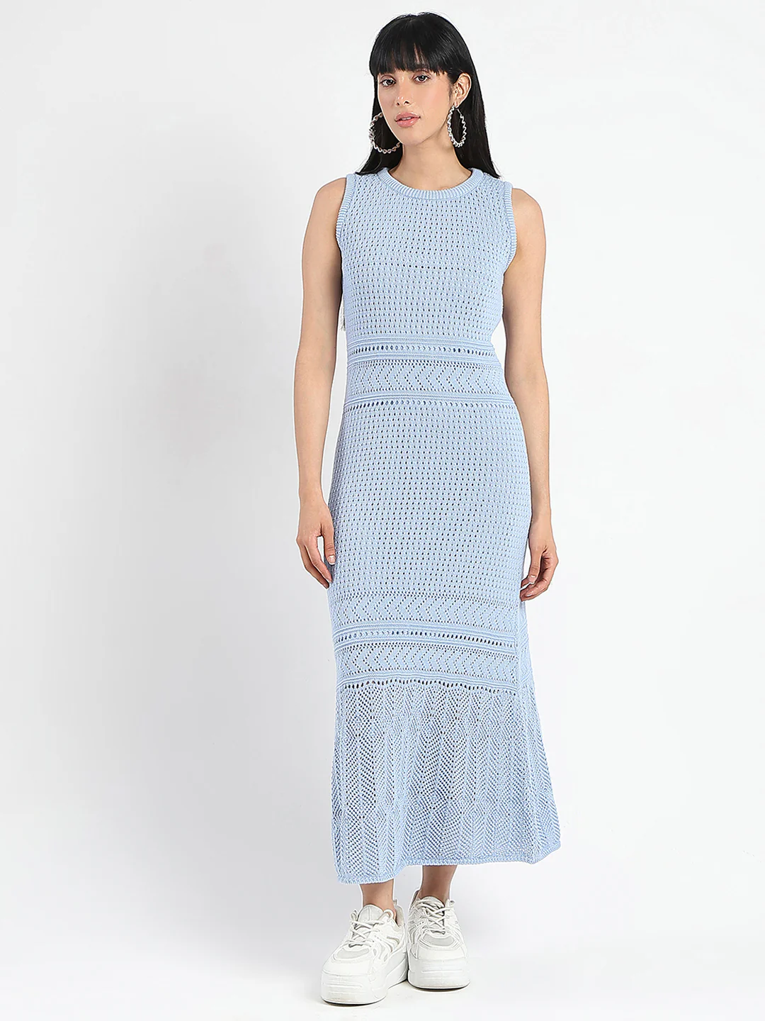 Madame Textured Panels Geometric Hem Sky Blue Maxi Dress - Image 3