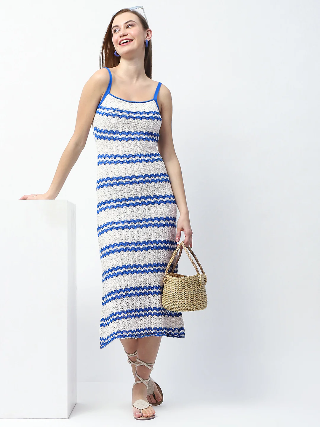Madame Striped Blue Cotton Midi Knitted Dress