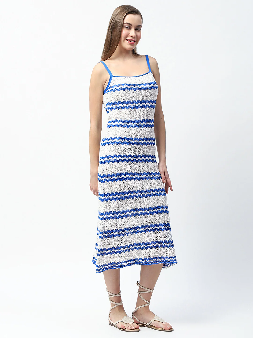 Madame Striped Blue Cotton Midi Knitted Dress - Image 5