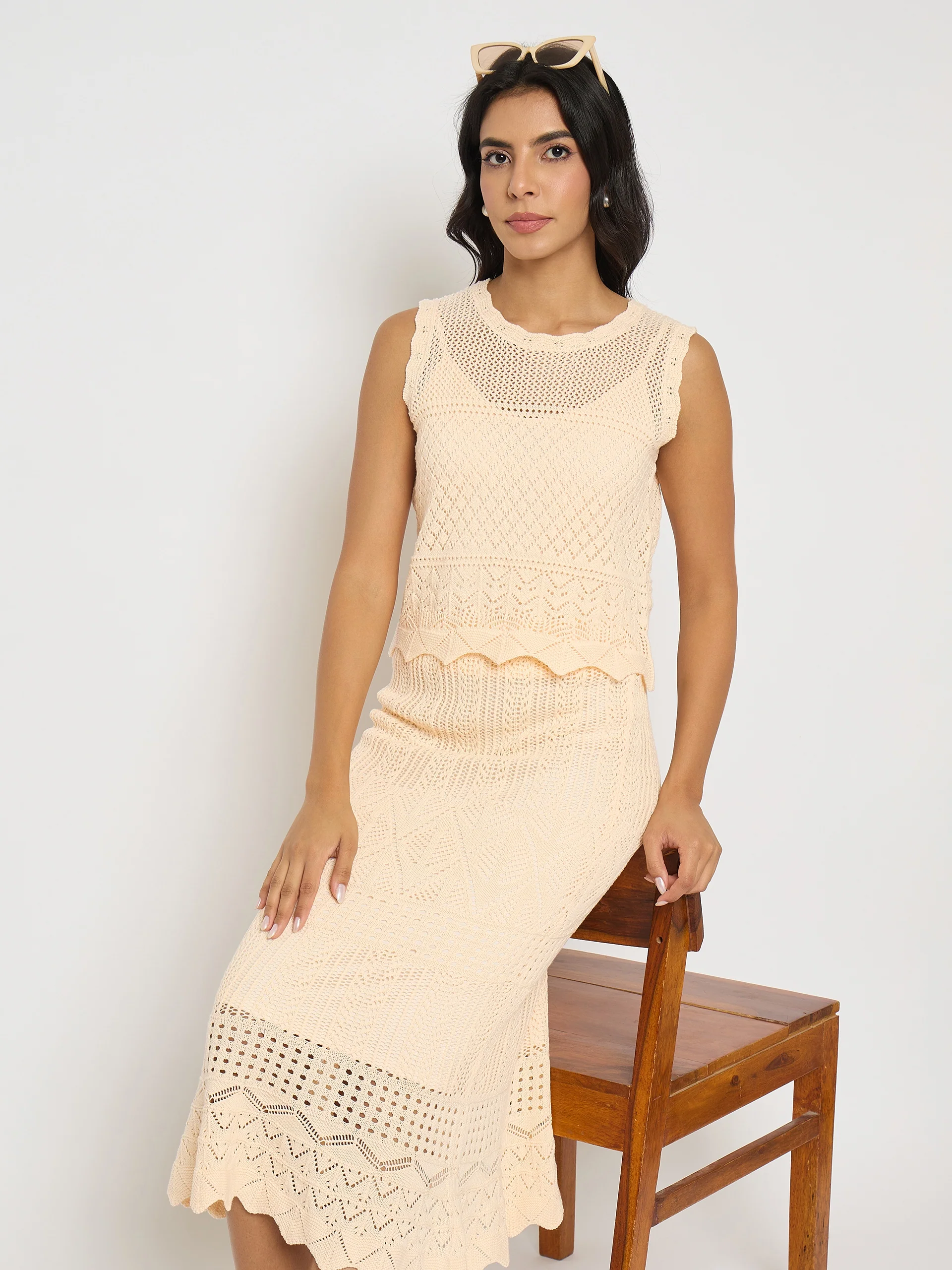 Madame Semi Sheer Top and Skirt Peach Cotton Co-ord Set - Image 2