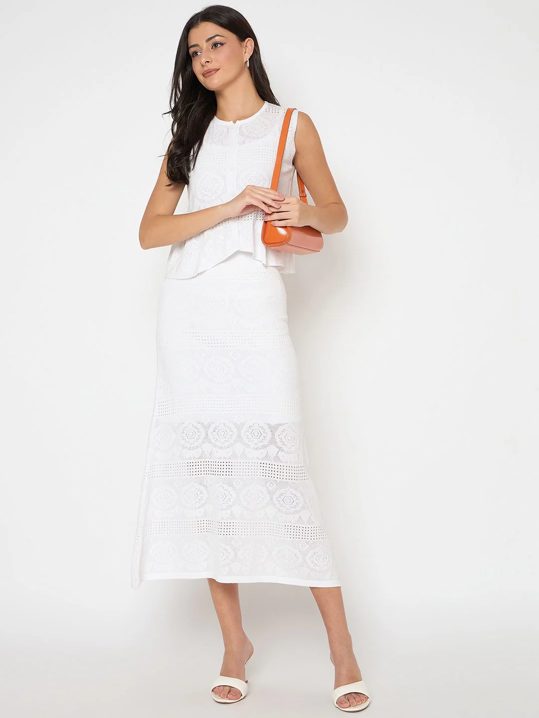 Madame Viscose Blend Top and Wide Leg Bottoms White Knitted Co-ord Set