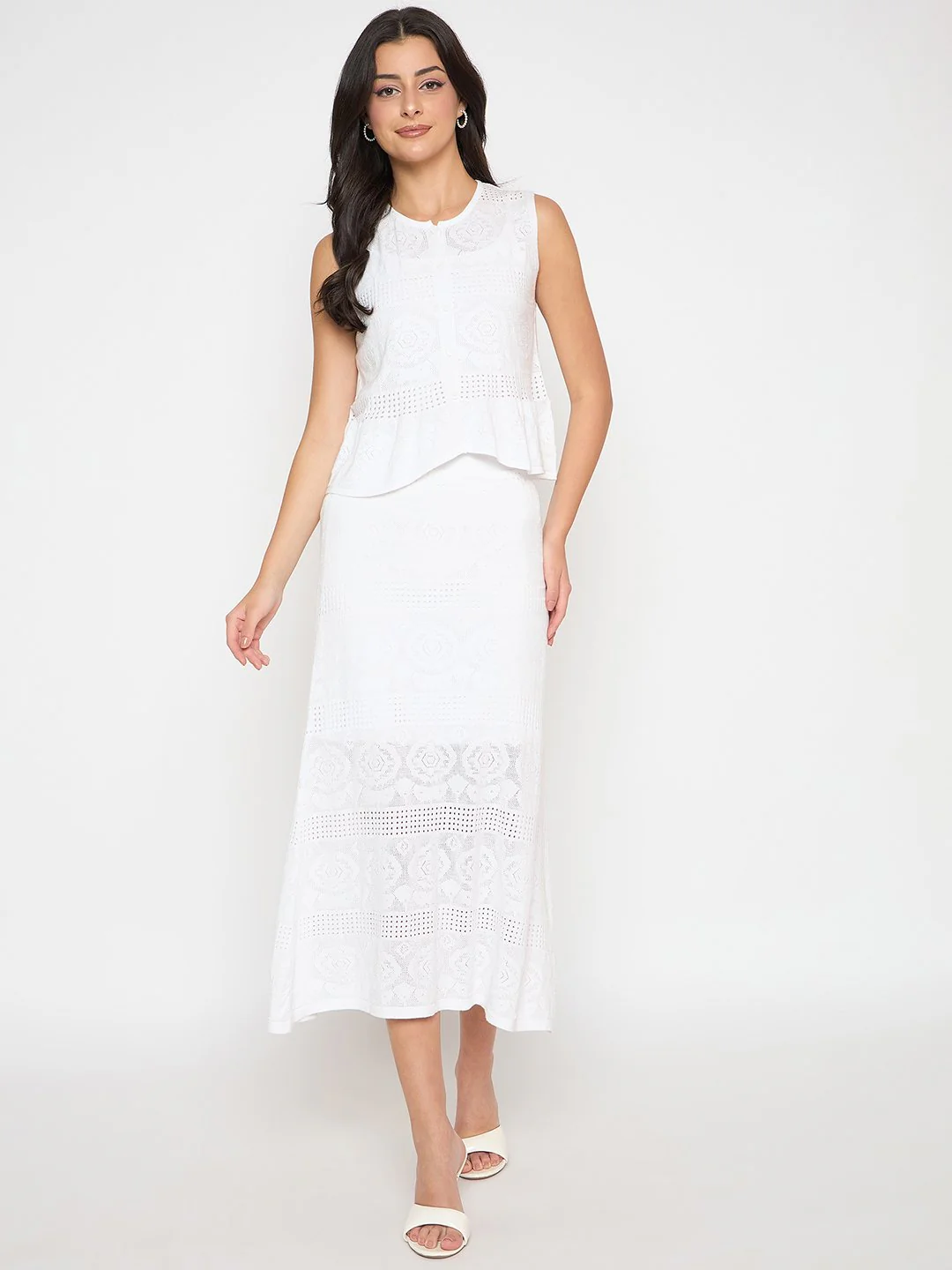 Madame Viscose Blend Top and Wide Leg Bottoms White Knitted Co-ord Set - Image 3