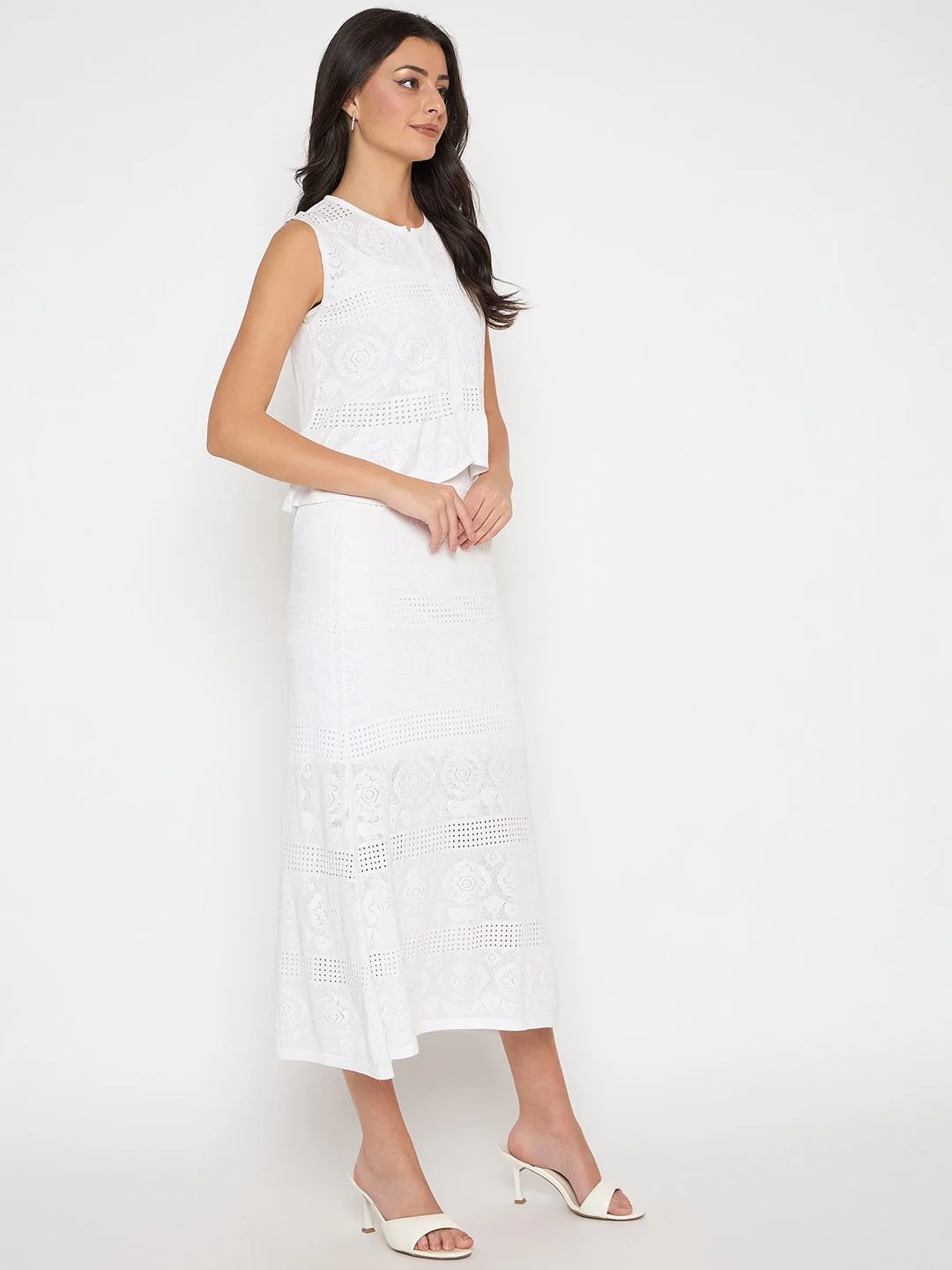Madame Viscose Blend Top and Wide Leg Bottoms White Knitted Co-ord Set - Image 4