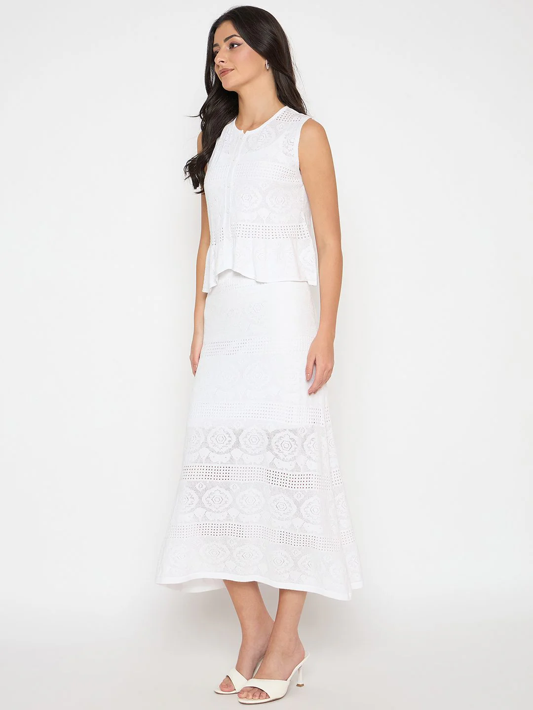 Madame Viscose Blend Top and Wide Leg Bottoms White Knitted Co-ord Set - Image 5