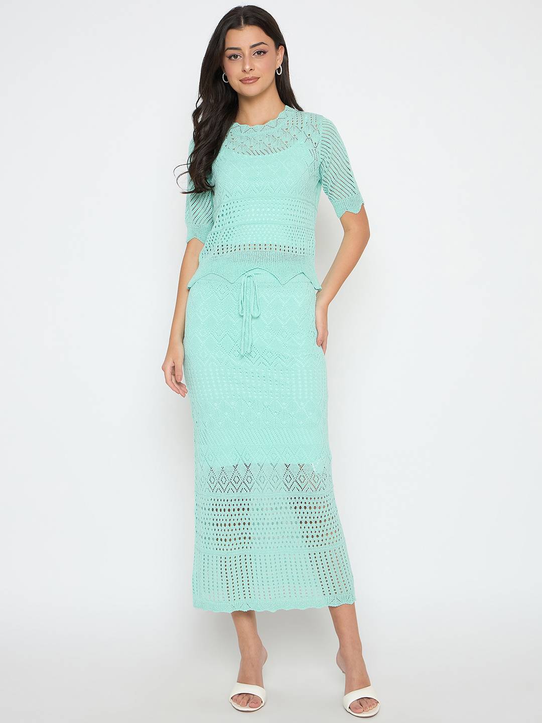 Madame Semi Sheer Top and Skirt Powder Blue Knitted Co-ord Set - Image 2