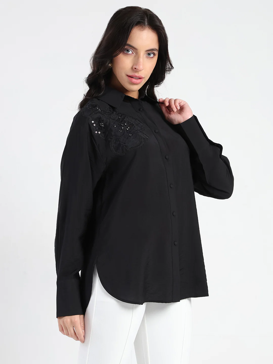 Madame Crushed Tissue Embroidered Black Shirt - Image 4