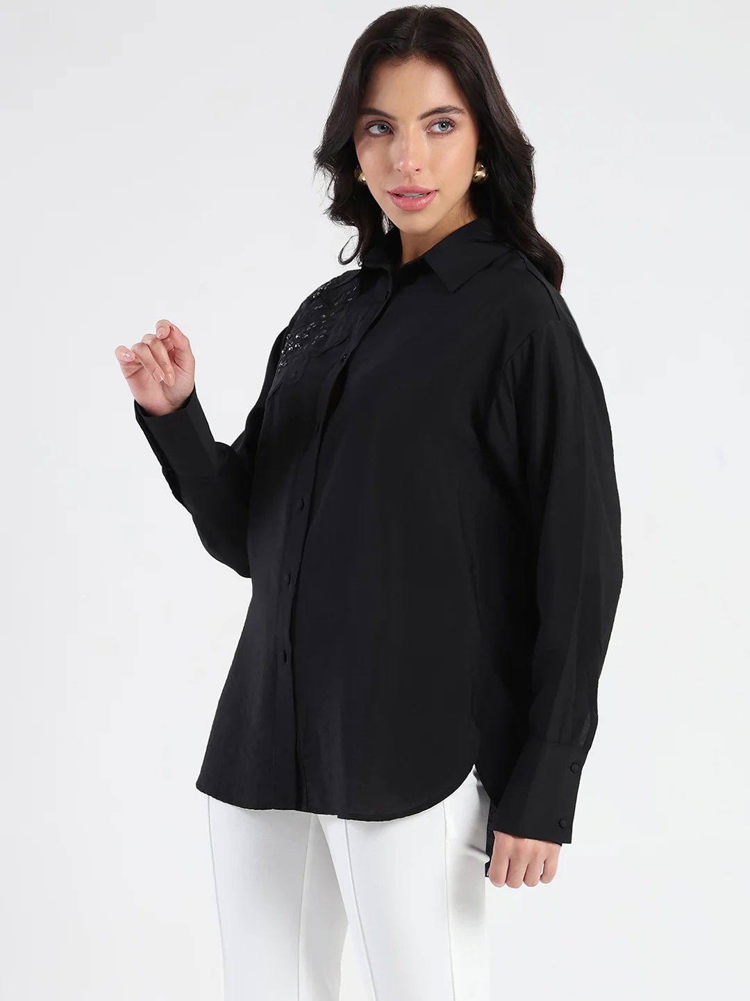 Madame Crushed Tissue Embroidered Black Shirt - Image 5