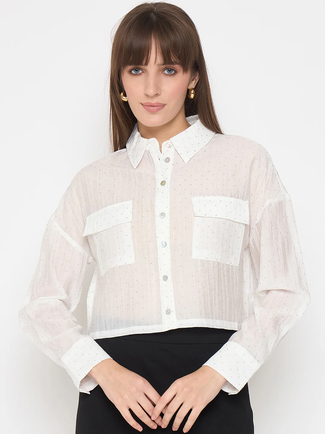 Madame D-Ring Straps Shimmer Detail White Shirt - Image 3