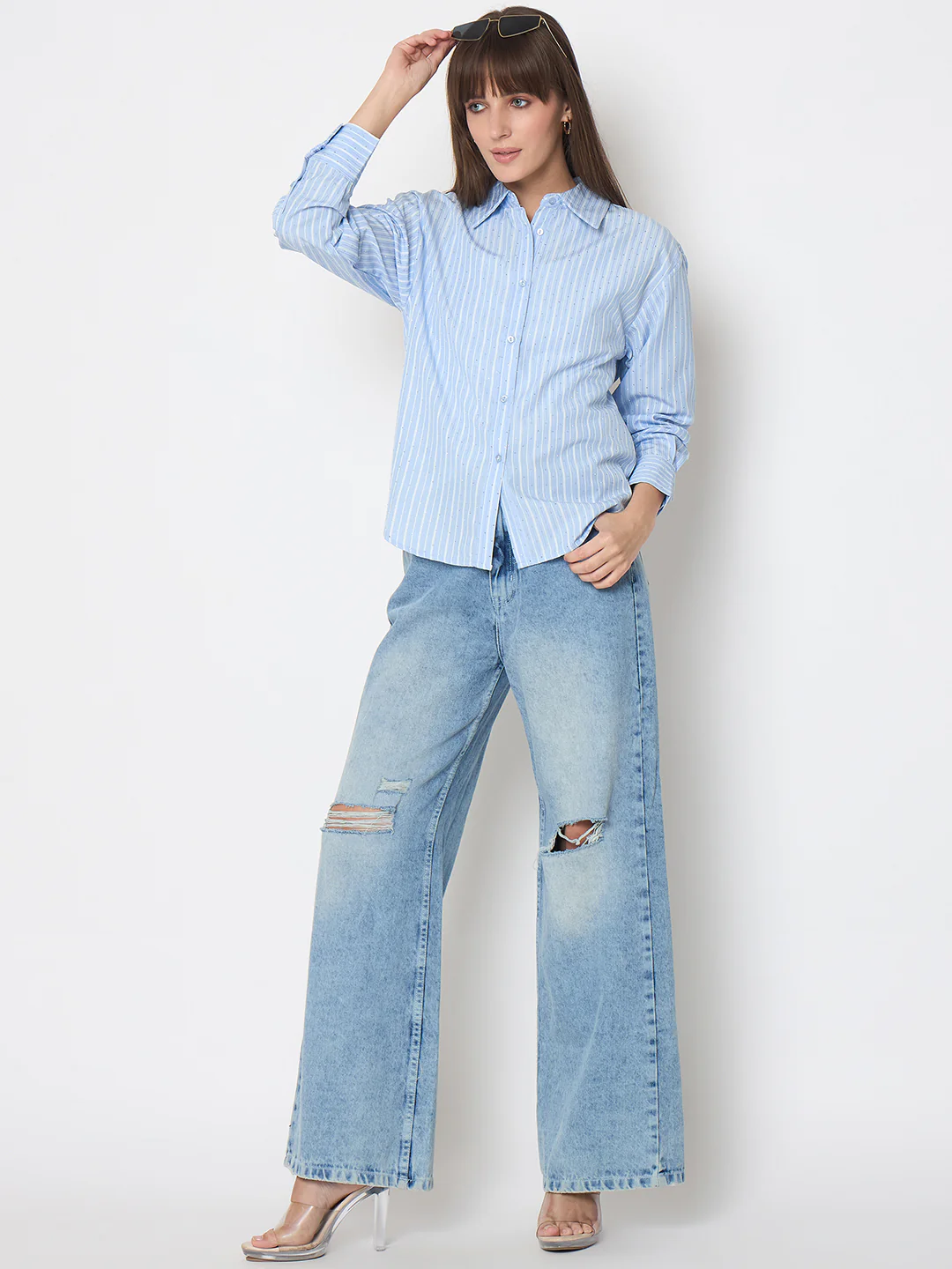 Madame Striped Cuff Sleeve with Shirt Collar Blue Shirt - Image 2