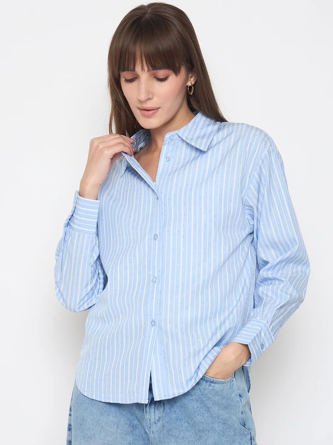 Madame Striped Cuff Sleeve with Shirt Collar Blue Shirt - Image 3