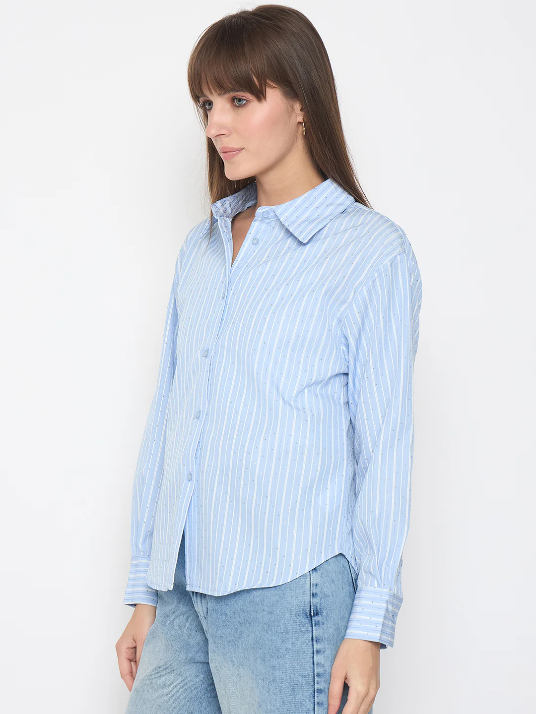 Madame Striped Cuff Sleeve with Shirt Collar Blue Shirt - Image 5