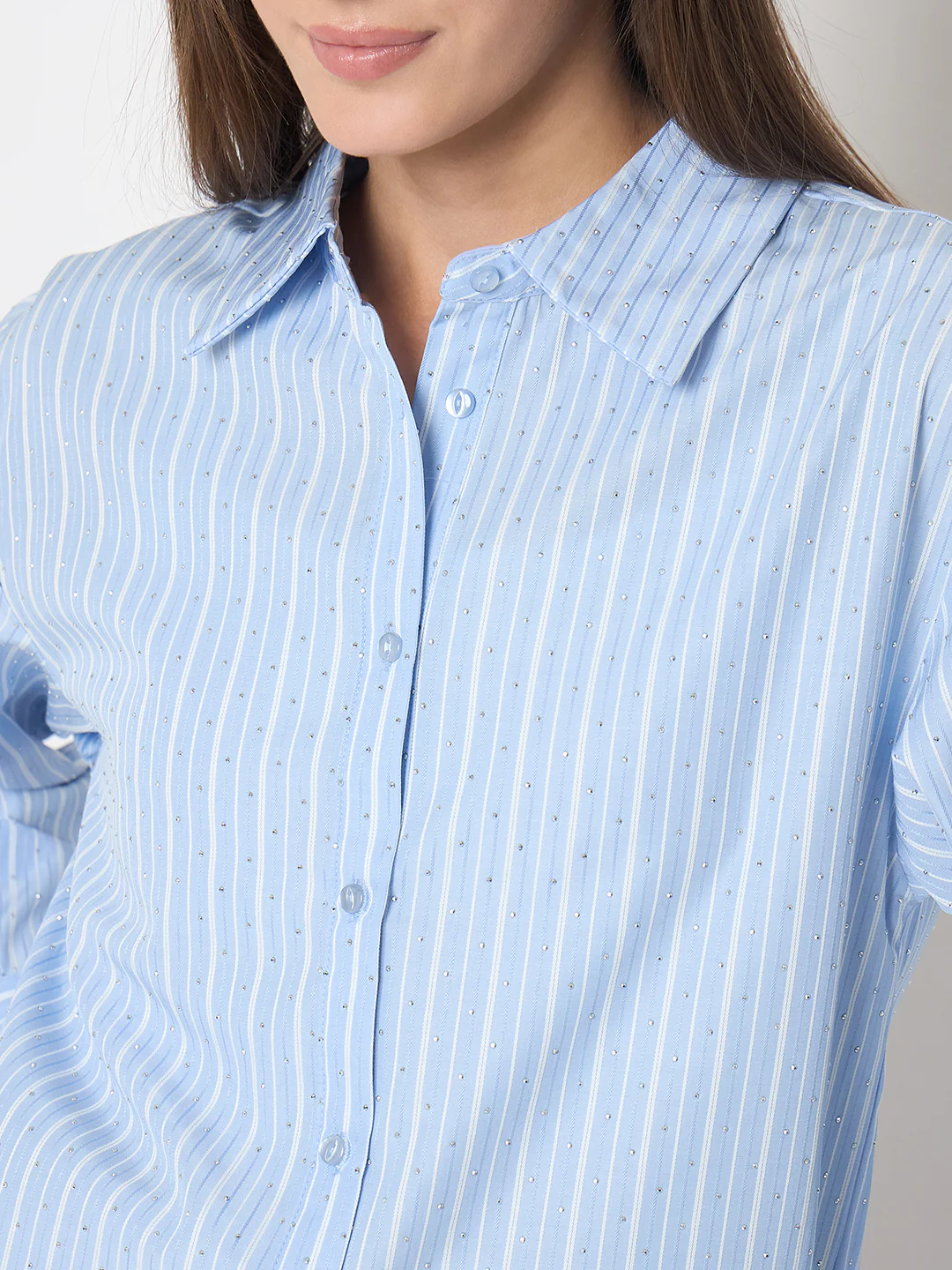 Madame Striped Cuff Sleeve with Shirt Collar Blue Shirt - Image 7