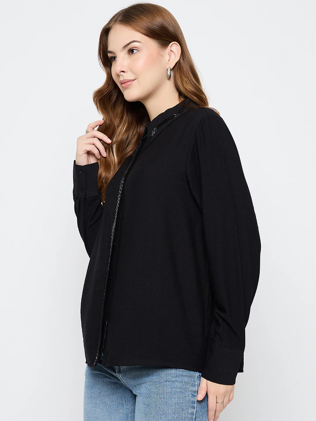 Madame Embellished Rayon Blend Black Shirt - Image 5