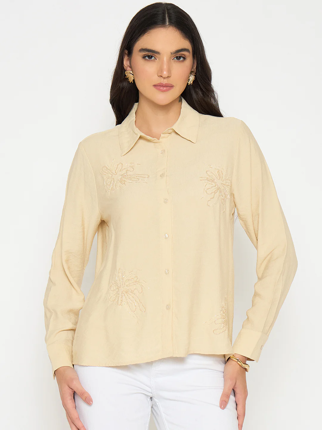 Madame Embellished Beige Rayon Blend Shirt - Image 3