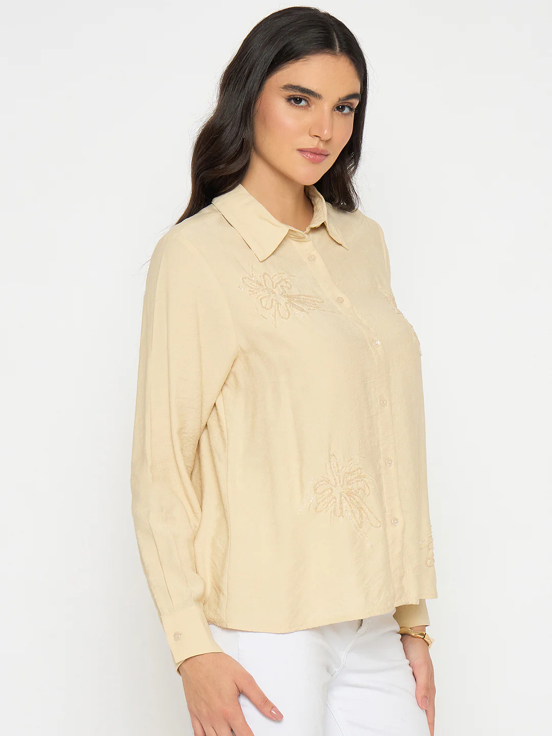 Madame Embellished Beige Rayon Blend Shirt - Image 4