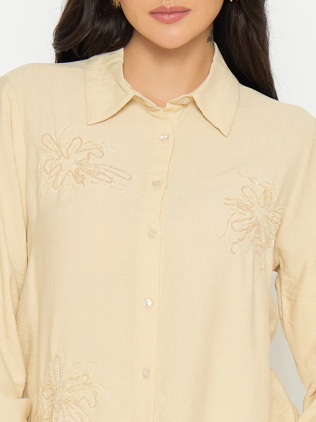 Madame Embellished Beige Rayon Blend Shirt - Image 7