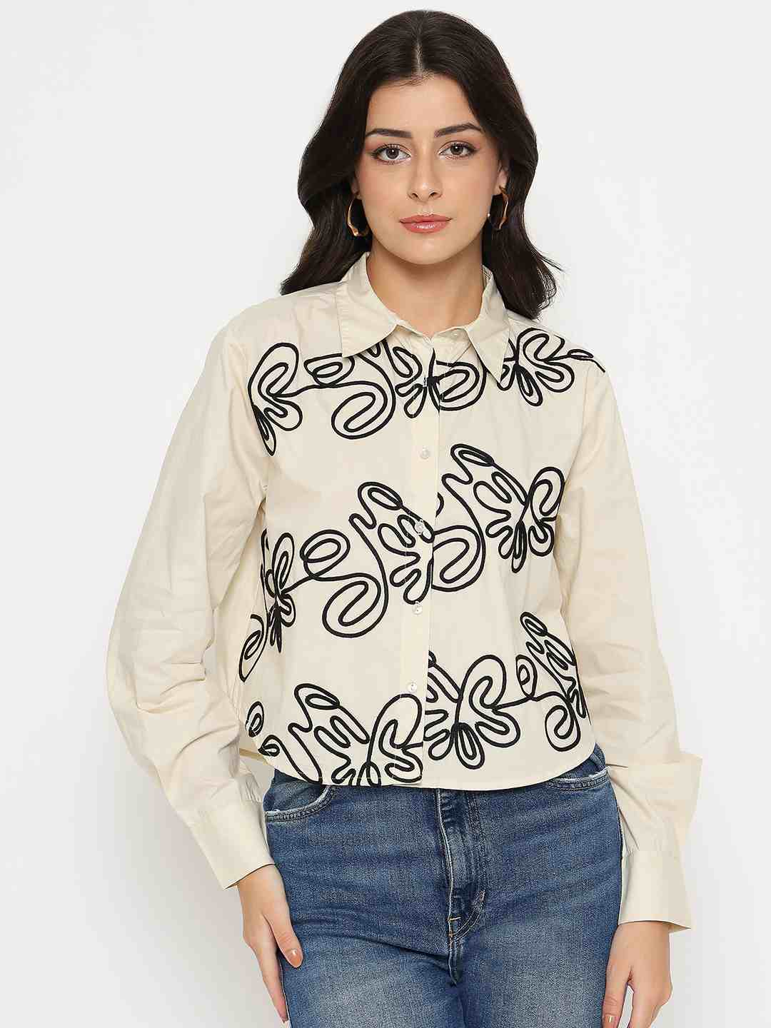 Madame Dori Embroidered Beige Cotton Shirt - Image 3