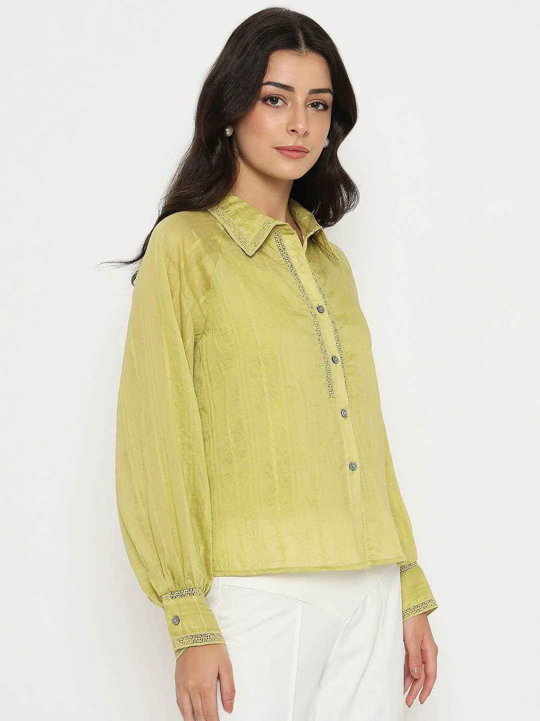 Madame Textured Nylon Blend Cyber Lime Full Sleeve Shirt - Image 3