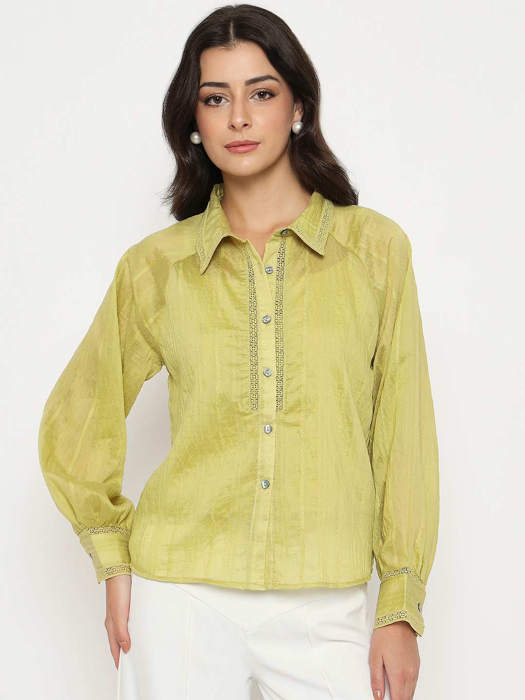 Madame Textured Nylon Blend Cyber Lime Full Sleeve Shirt - Image 4