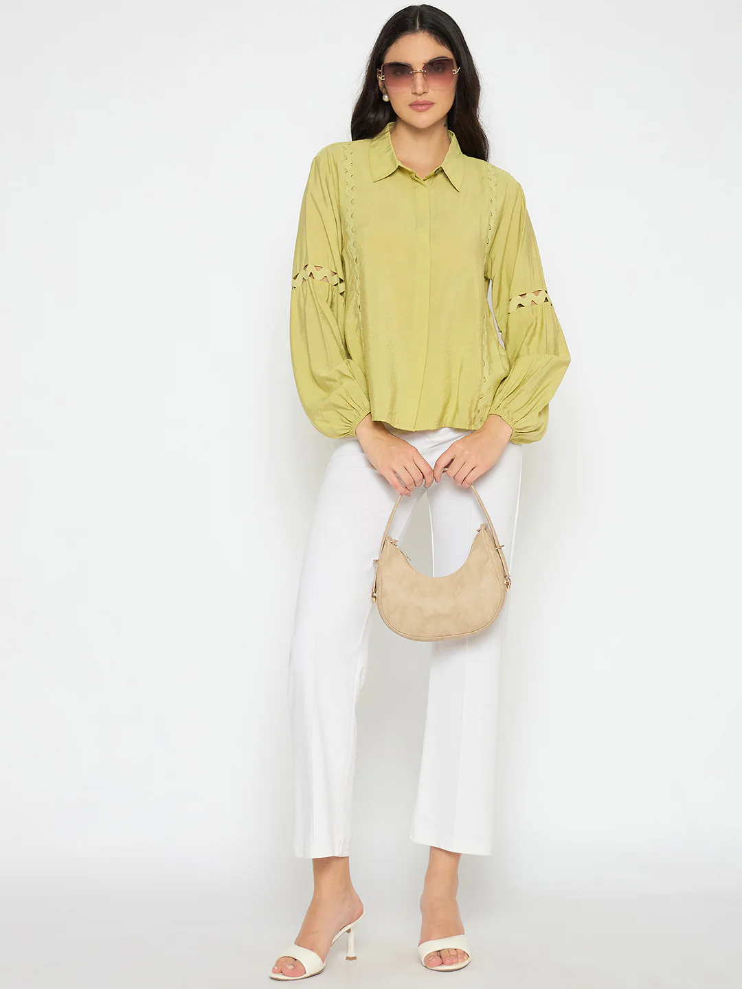Madame Puff Sleeve Pear Green Rayon Blend Shirt - Image 2