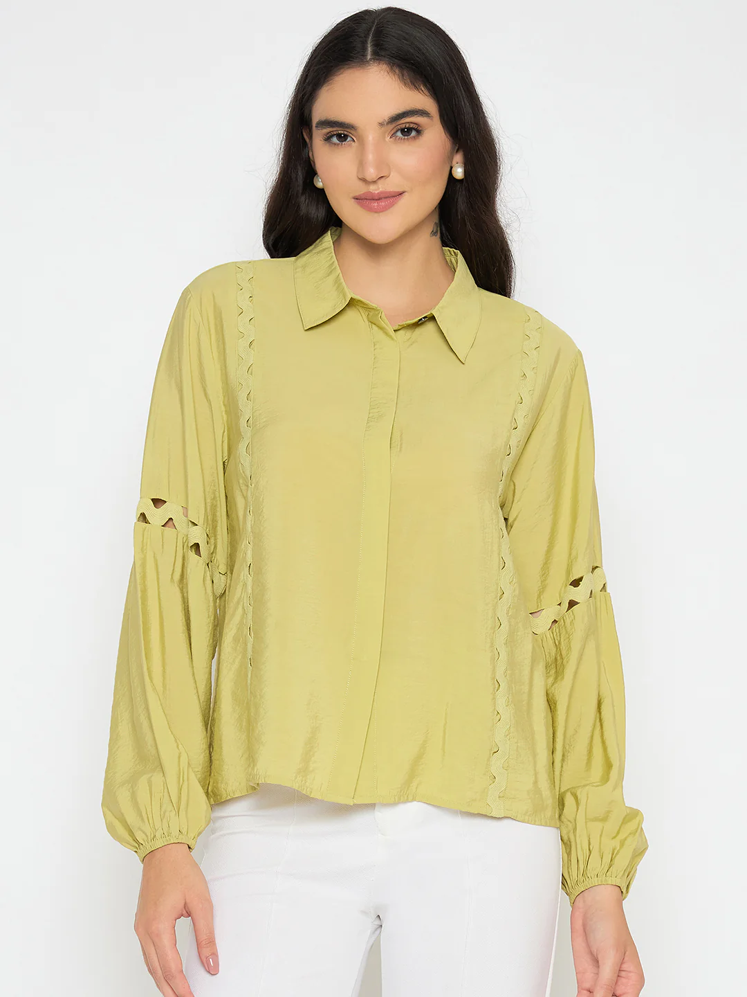Madame Puff Sleeve Pear Green Rayon Blend Shirt - Image 3