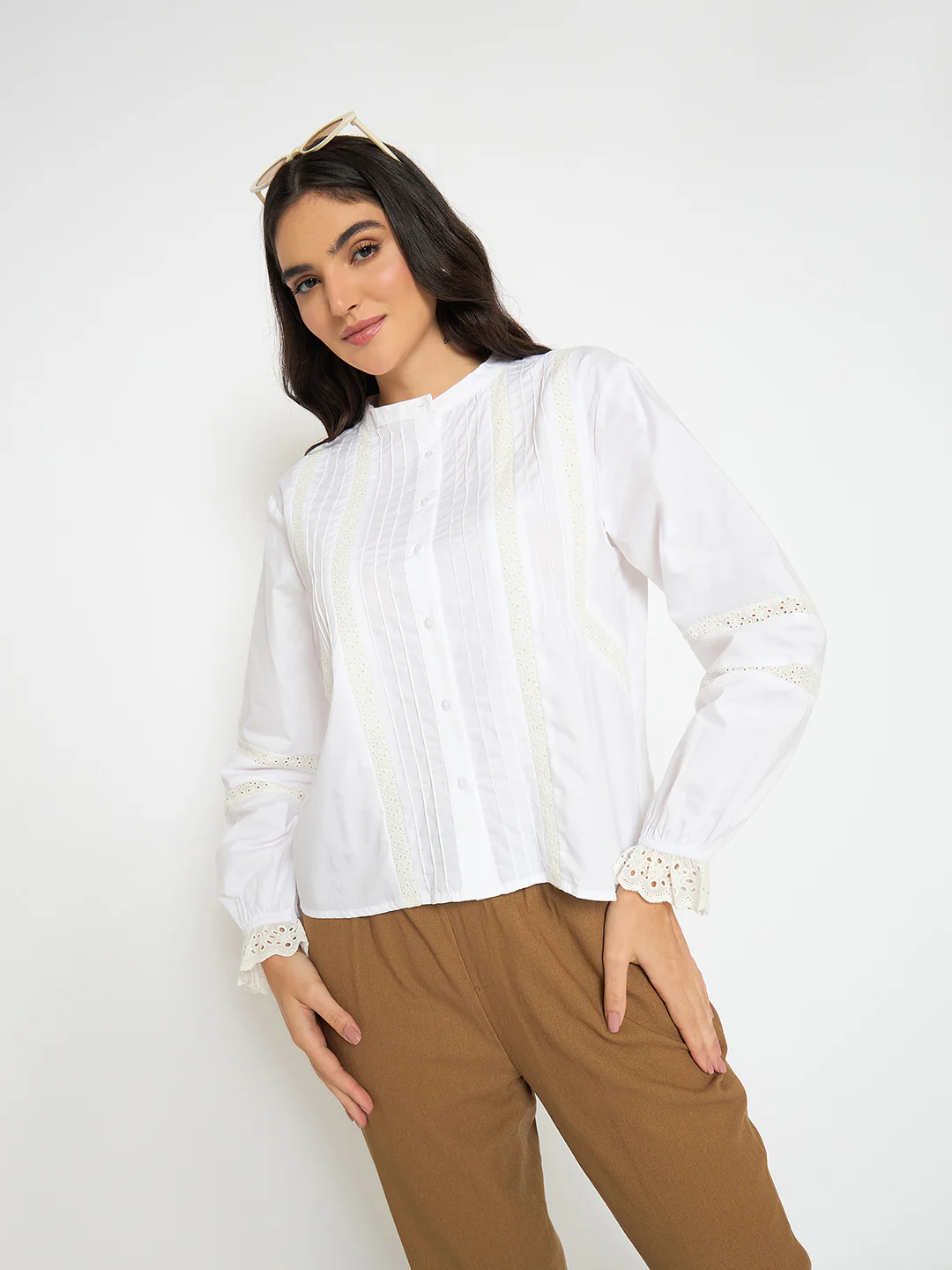 Madame Solid White Puff Sleeve Cotton Shirt