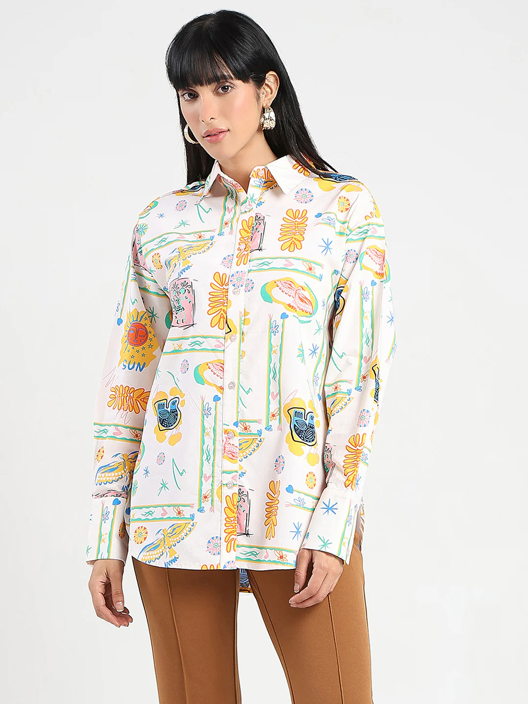 Madame All Over Print Beige Cotton Blend Shirt - Image 3