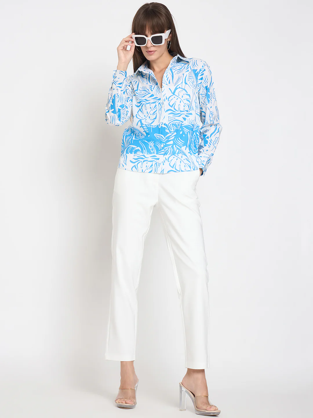 Madame Botanical Print Button Up Front Aqua Blue Shirt - Image 2