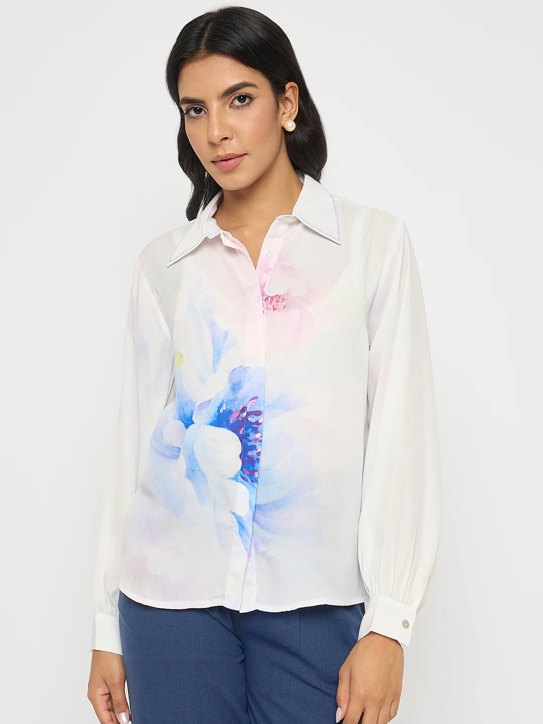 Madame Floral Print Contrast Stiched Collar Off White Shirt - Image 3