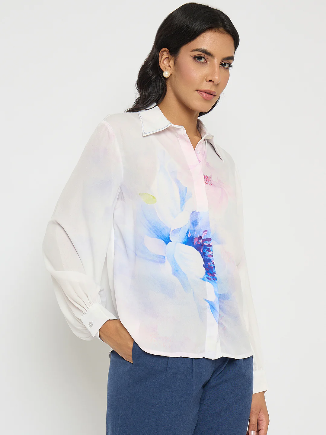 Madame Floral Print Contrast Stiched Collar Off White Shirt - Image 4